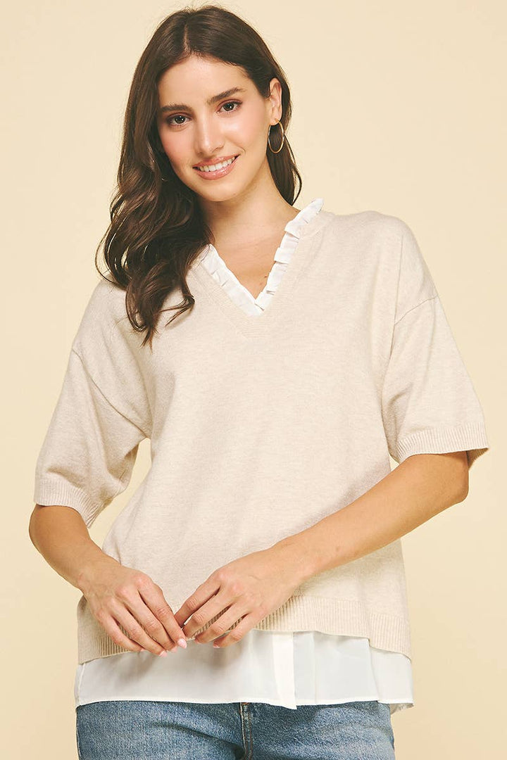 Women's Short Sleeve - MIXED MEDIA LAYERED KNIT TOP - - Cultured Cloths Apparel