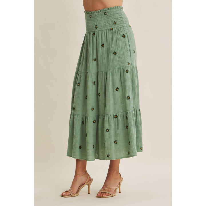 Women's Skirts - SUNSET FIELD EMBROIDERED COTTON GAUZE SMOCKED MIDI SKIRTS - - Cultured Cloths Apparel