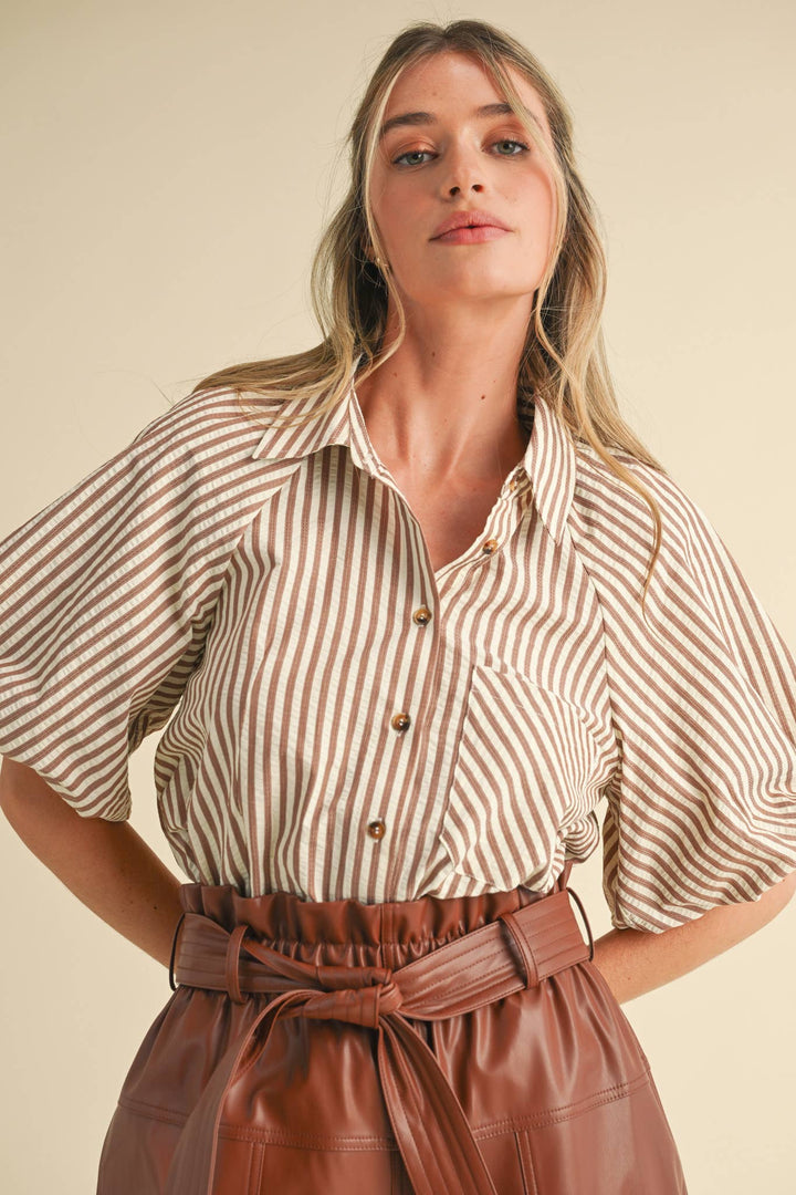 Women's Short Sleeve - STRIPED BUBBLE SLEEVE BUTTON DOWN TOP - S - Cultured Cloths Apparel