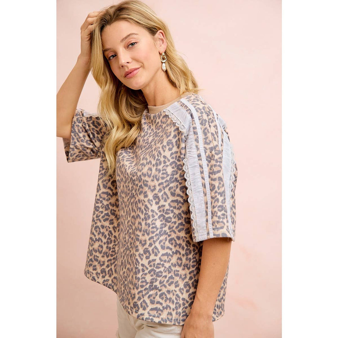Women's Short Sleeve - LEOPARD TERRY SIDE DETAIL SHORT SLEEVES TOP - - Cultured Cloths Apparel
