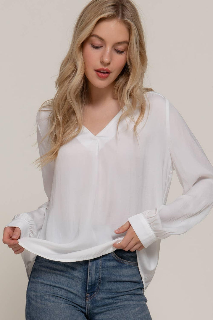 Women's Long Sleeve - Long Sleeve V-Neck with Pleats Satin Blouse - - Cultured Cloths Apparel