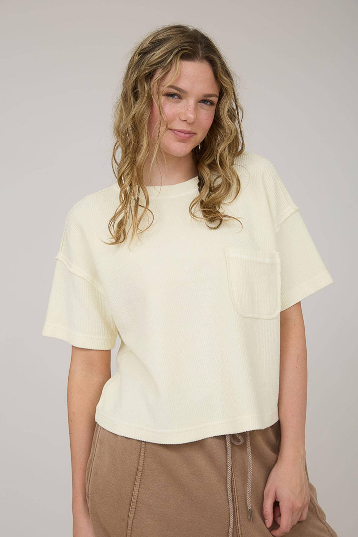 Women's Short Sleeve - WASHED RIBBED SHORT SLEEVE TEE WITH POCKET - CREAM - Cultured Cloths Apparel