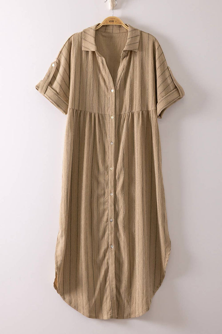 Dresses - Striped Linen Midi Button Down Shirt Dress - - Cultured Cloths Apparel