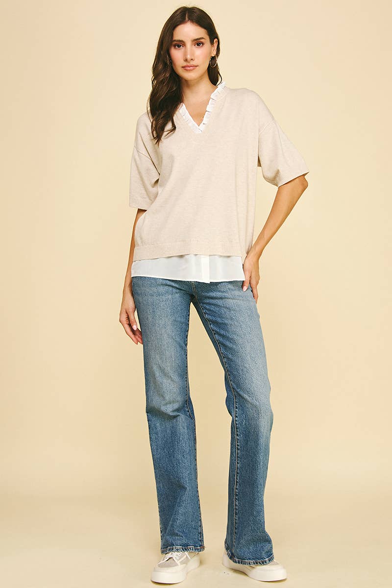 Women's Short Sleeve - MIXED MEDIA LAYERED KNIT TOP - - Cultured Cloths Apparel