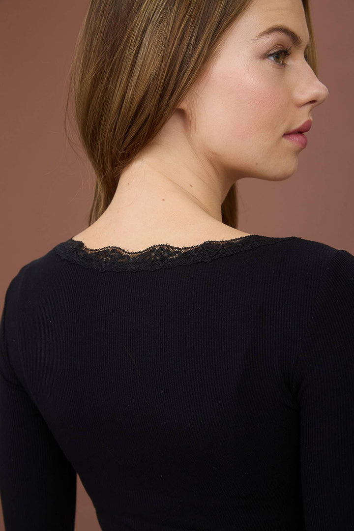 Women's Long Sleeve - LACE TRIM BUTTON DETAIL LONG SLEEVE KNIT TOP - - Cultured Cloths Apparel