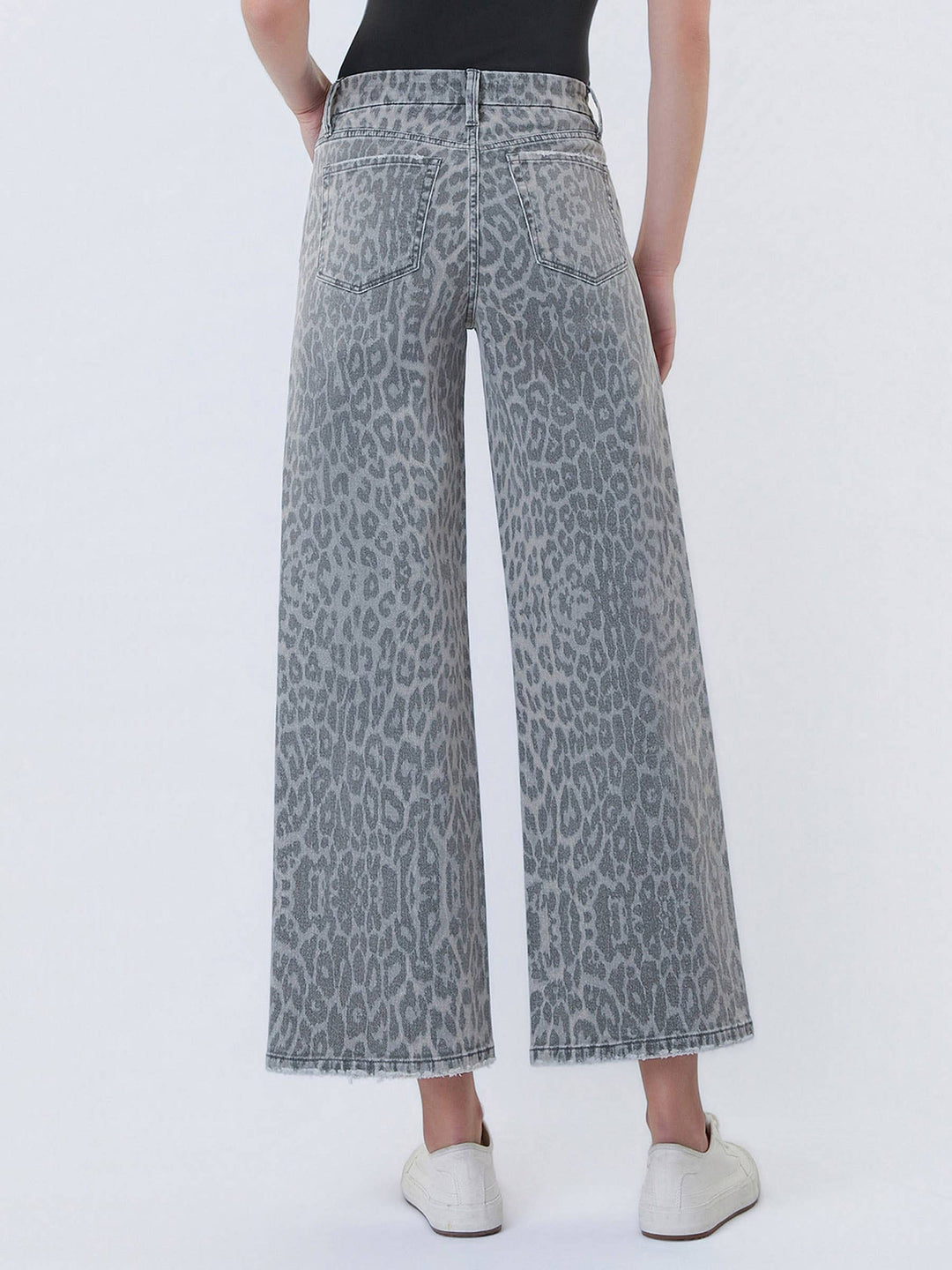 Denim - HIGH RISE GREY LEOPARD PRINT CROP WIDE LEG JEANS T7331GLP - - Cultured Cloths Apparel