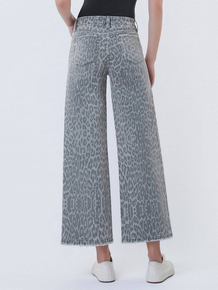 Denim - HIGH RISE GREY LEOPARD PRINT CROP WIDE LEG JEANS T7331GLP - - Cultured Cloths Apparel