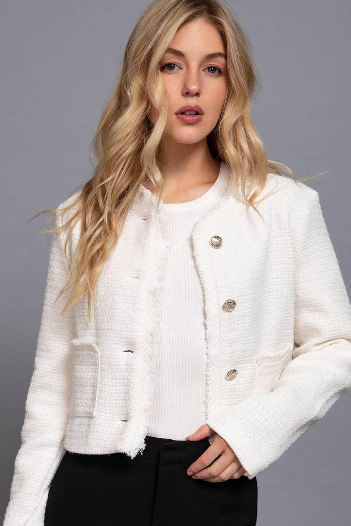 Outerwear - Long Sleeve Crew Neck Button Down Tweed Jacket - - Cultured Cloths Apparel