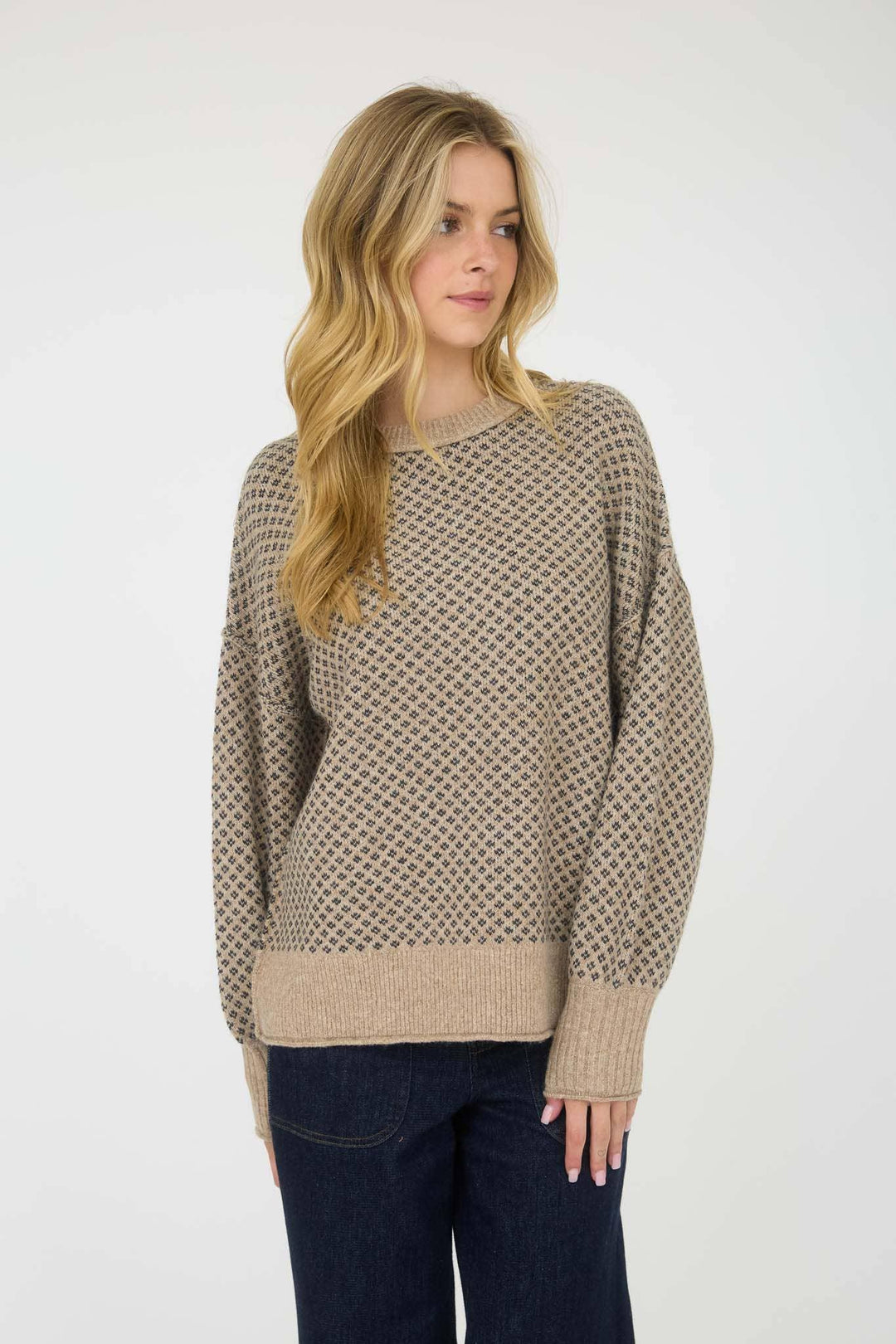 Women's Sweaters - MINI JACQUARD CREW NECK LONG SLEEVE KNIT SWEATER - KHAKI - Cultured Cloths Apparel