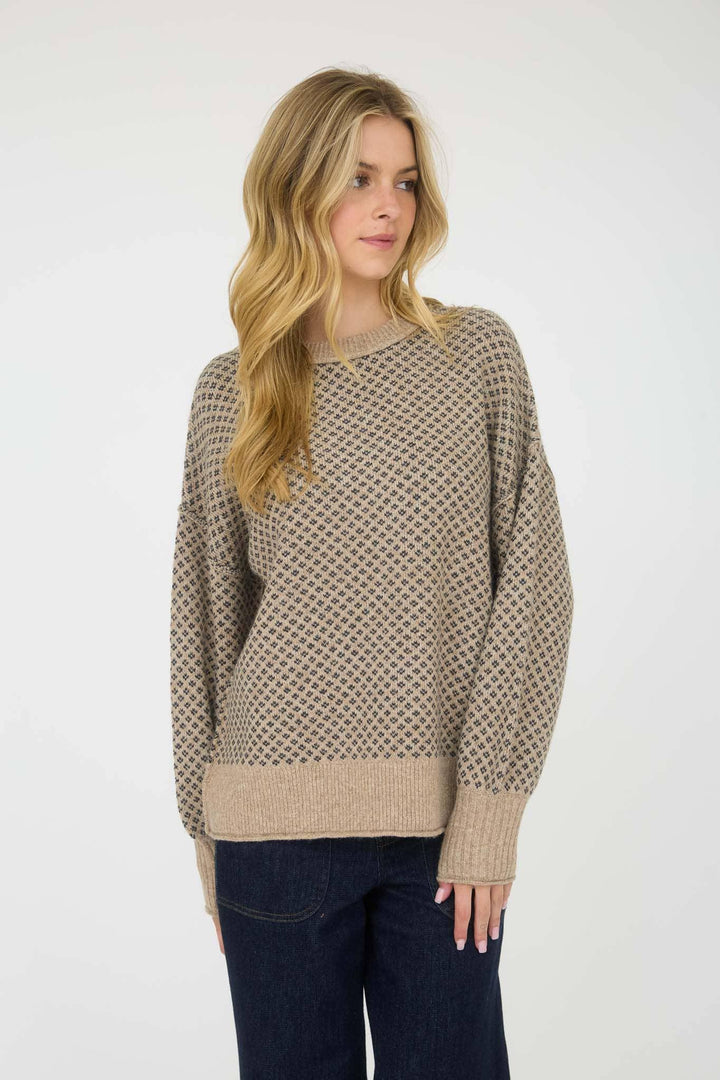 Women's Sweaters - MINI JACQUARD CREW NECK LONG SLEEVE KNIT SWEATER - KHAKI - Cultured Cloths Apparel