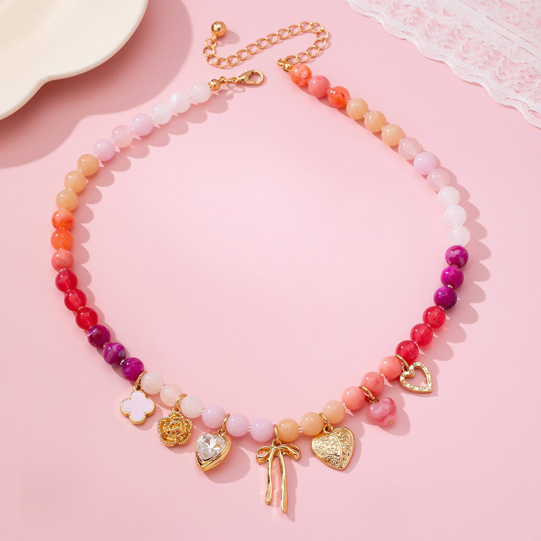 Accessories, Necklaces - Pastel Beaded Bow Heart Flower Charm Necklace | 80N92704 - - Cultured Cloths Apparel