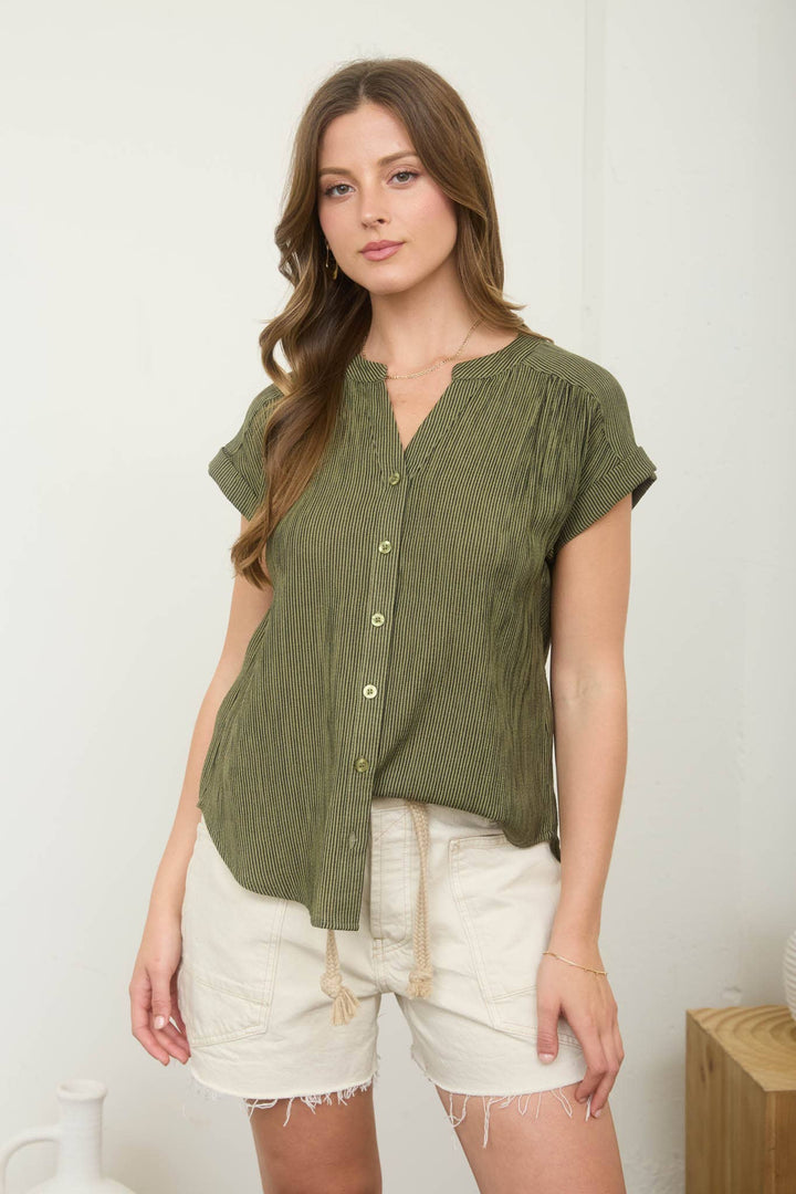 Women's Short Sleeve - PINSTRIPE SHORT CUFF SLEEVE BUTTON DOWN SHIRT - OLIVE - Cultured Cloths Apparel