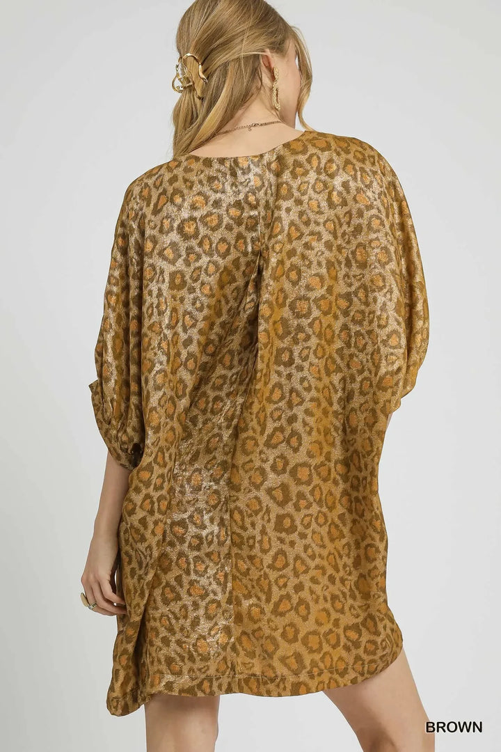 Women's Dresses - Umgee Metallic Leopard Print V-Neck Kimono Dress - - Cultured Cloths Apparel