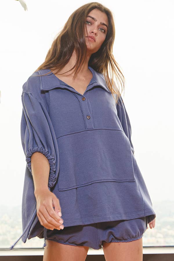 Women's Short Sleeve - Gray Oversized Drawstring Tie Sleeves Detail Solid Top - - Cultured Cloths Apparel