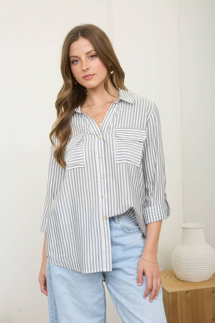 Women's Long Sleeve - STRIPE COLLARED BUTTON DOWN LIGHTWEIGHT SHIRT - - Cultured Cloths Apparel