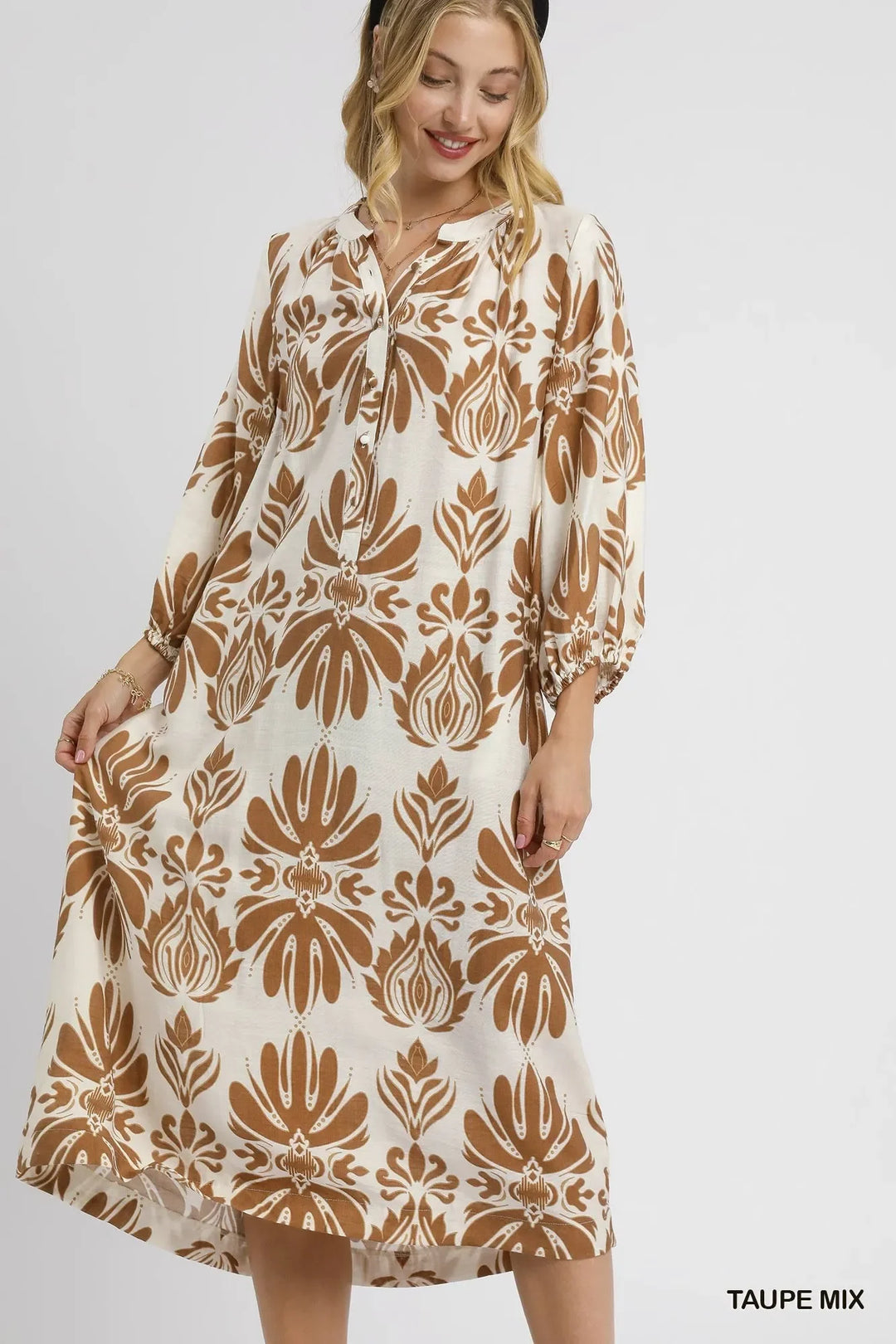 Women's Dresses - Umgee Mix Abstract Floral Print Midi Dress - TAUPE MIX - Cultured Cloths Apparel