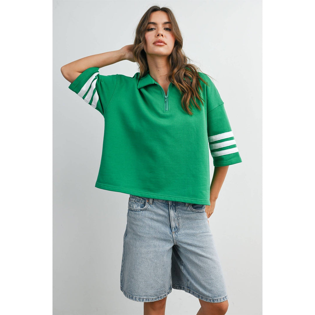 Women's Short Sleeve - Striped Sleeve Quarter-Zip Pullover - - Cultured Cloths Apparel