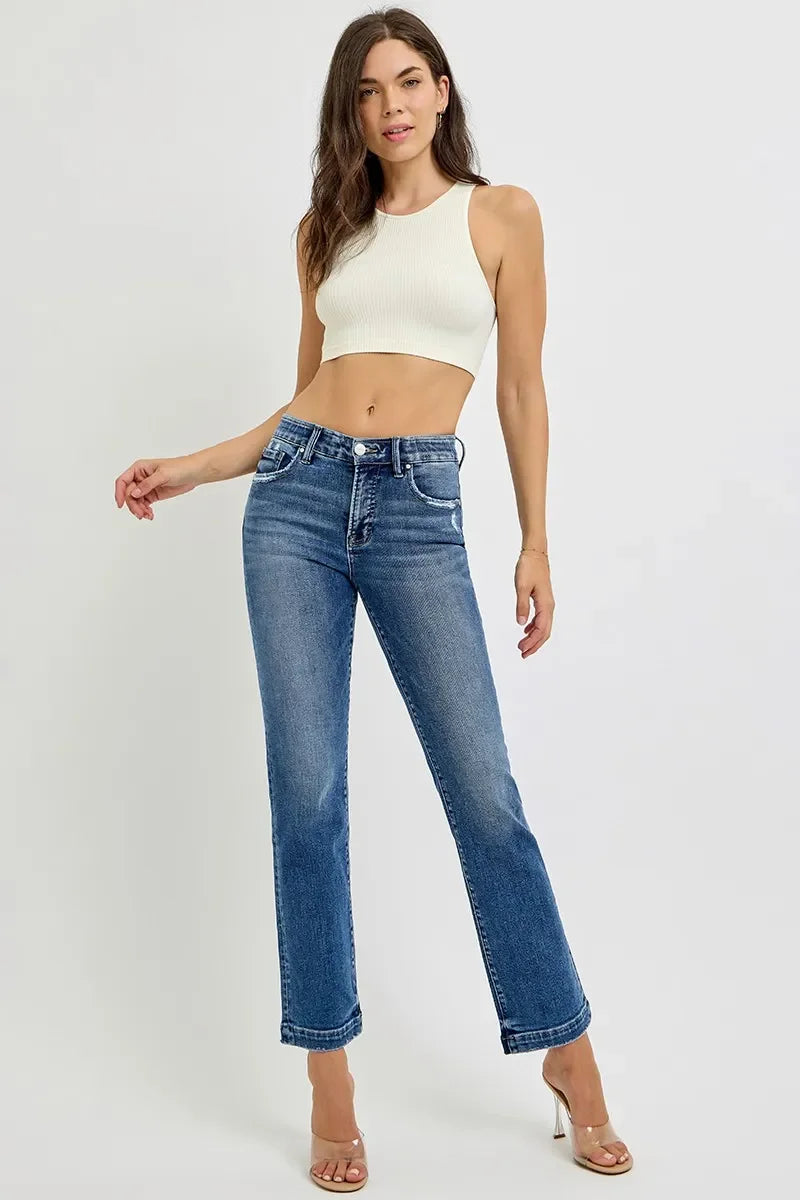Denim - RISEN Full Size Tummy Control Elastic Band Mid Rise Straight Jeans Plus Size - - Cultured Cloths Apparel