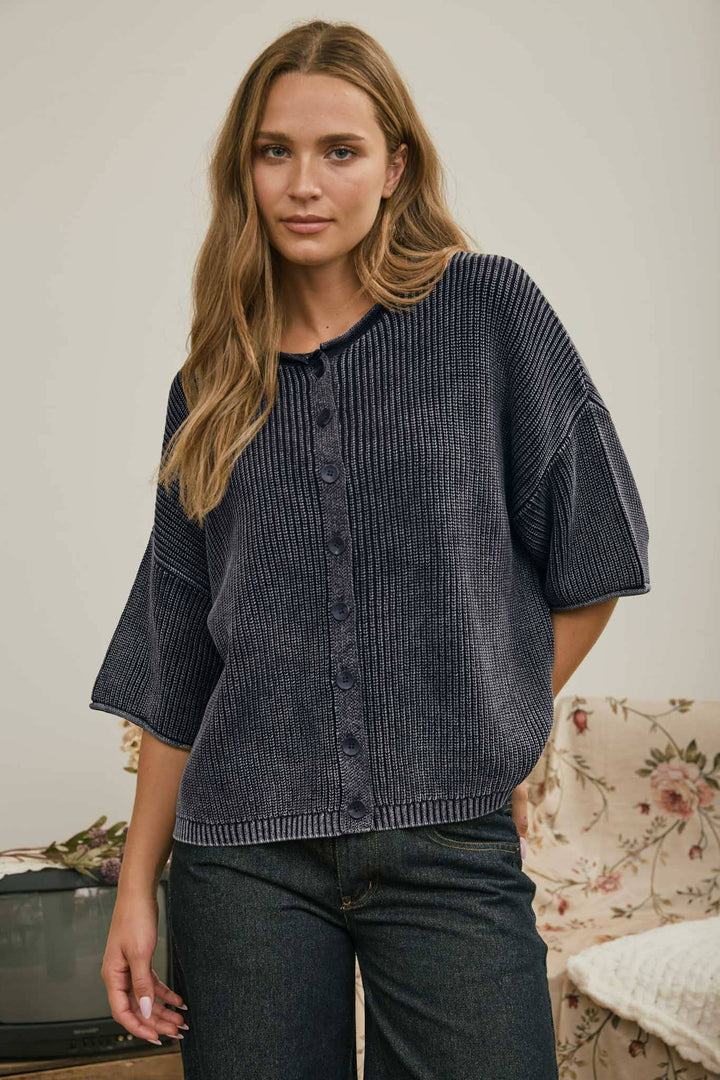 Cardigans - WASHED RIBBED SHORT SLEEVE ROLLED EDGE CARDIGAN - - Cultured Cloths Apparel