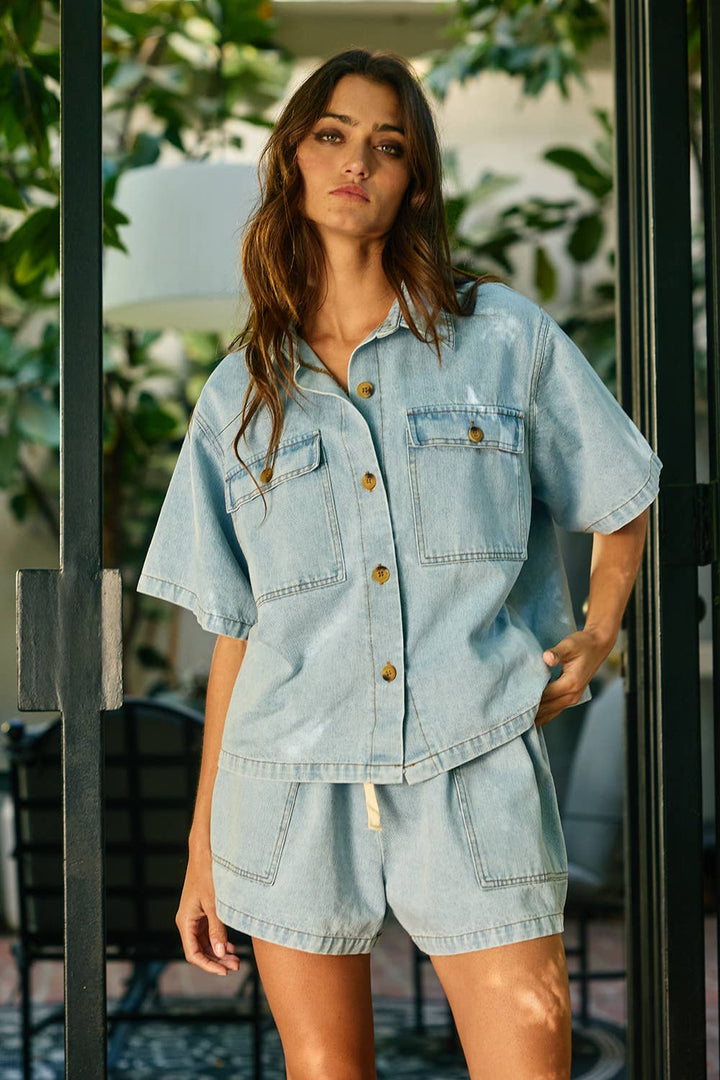 Women's Short Sleeve - Patched Pockets Washed Denim Shirt - LT DENIM - Cultured Cloths Apparel
