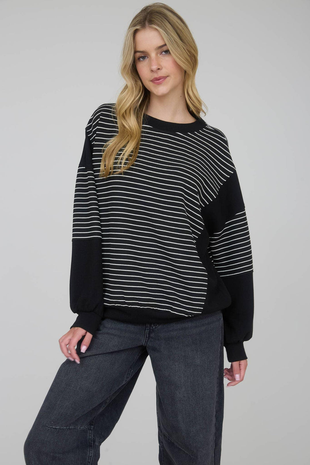 Women's Long Sleeve - CONTRAST STRIPE RAW EDGE LONG SLEEVE KNIT TOP - BLACK - Cultured Cloths Apparel
