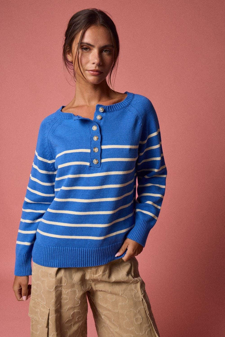Women's Sweaters - Knit Henley Placket Striped Sweater Top - - Cultured Cloths Apparel