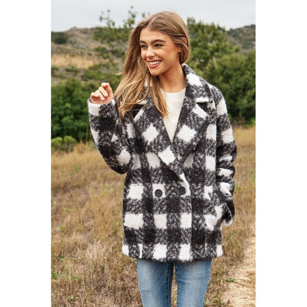 Outerwear - Fuzzy Boucle Textured Double Breasted Coat Jacket - Black - Cultured Cloths Apparel
