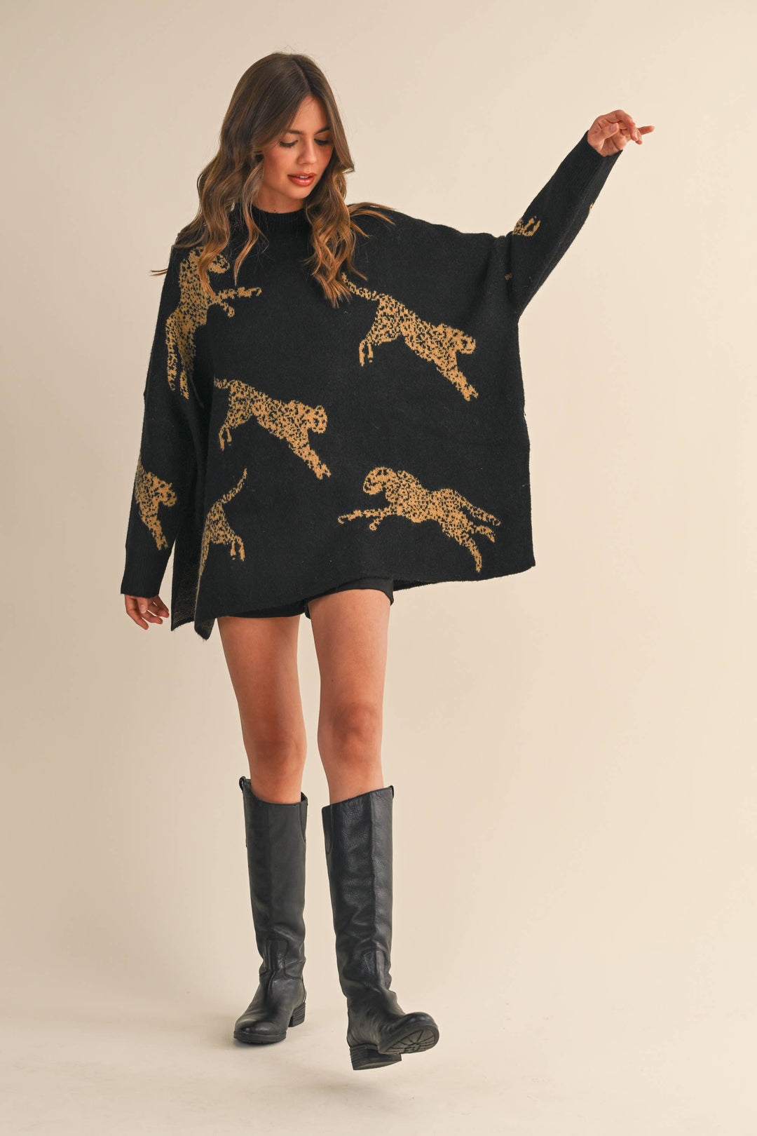 CHEETAH PRINT OVERSIZED MOCK NECK SWEATER TOP