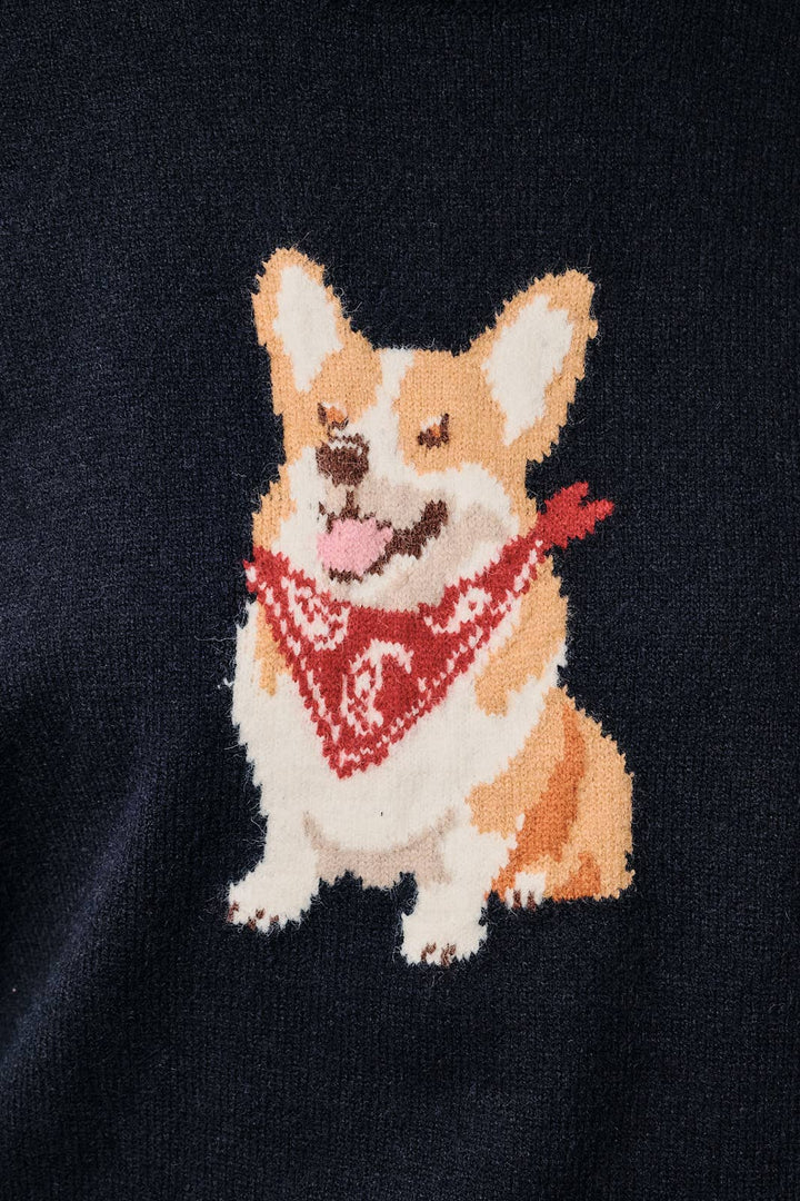 Round Neck Paisley Dog Graphic Long Sleeve Knit Sweater