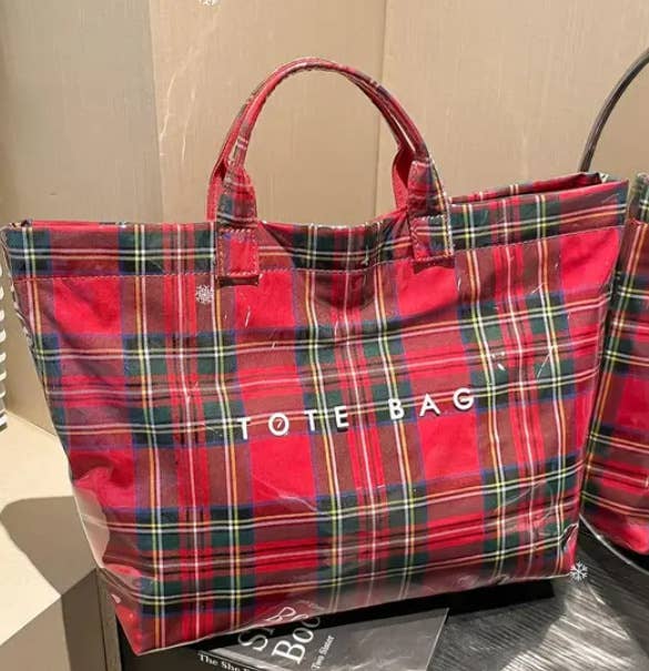 Christmas Plaid PVC Tote Bag for Women