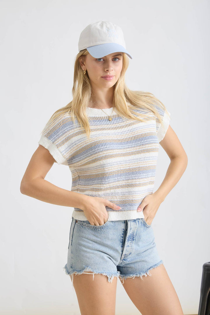 Women's Short Sleeve - MULTI-COLOR STRIPE SHORT SLEEVE KNIT PULLOVER - - Cultured Cloths Apparel