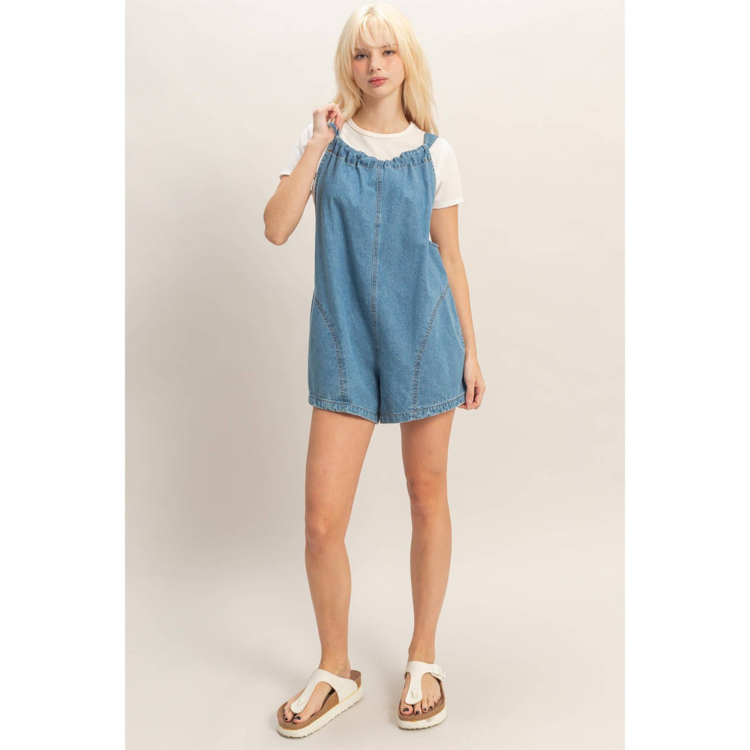 Denim Romper With Gathered Neck