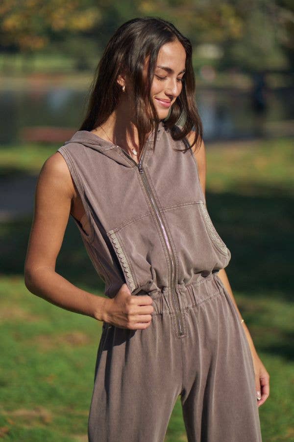 Washed Lace Trim Sleeveless Hooded Jumpsuit