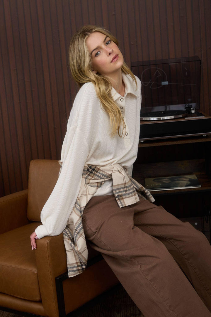 COLLARED HALF SNAP BUTTON LONG SLEEVE KNIT TOP