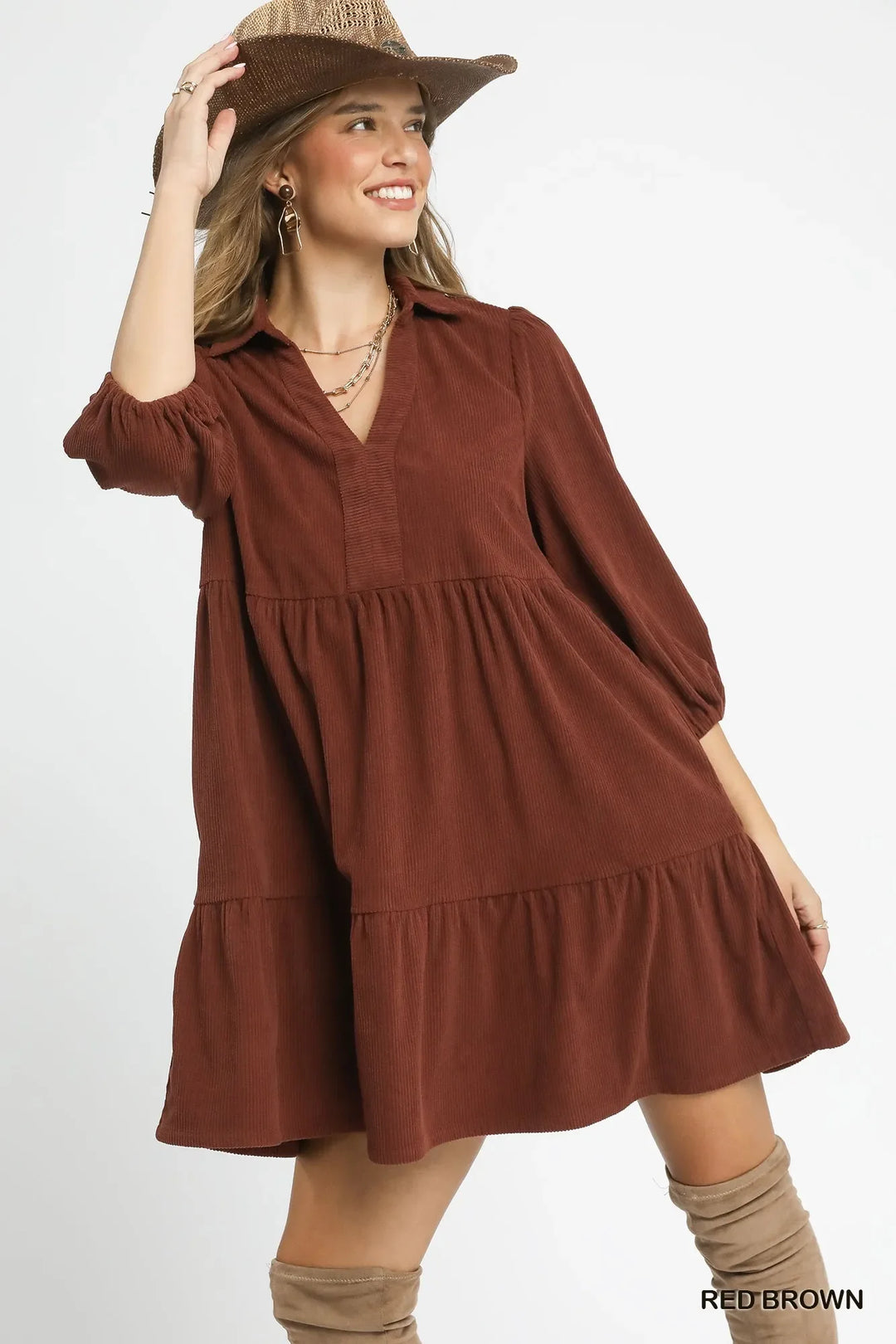 Women's Dresses - Umgee Tiered Corduroy Mini Dress with Balloon Sleeves - RED BROWN - Cultured Cloths Apparel