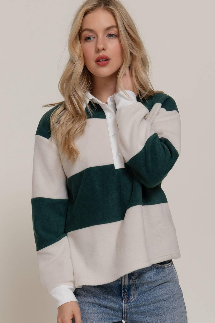 Women's Long Sleeve - Long Sleeve Rugby Stripe Fleece Polo Top - - Cultured Cloths Apparel