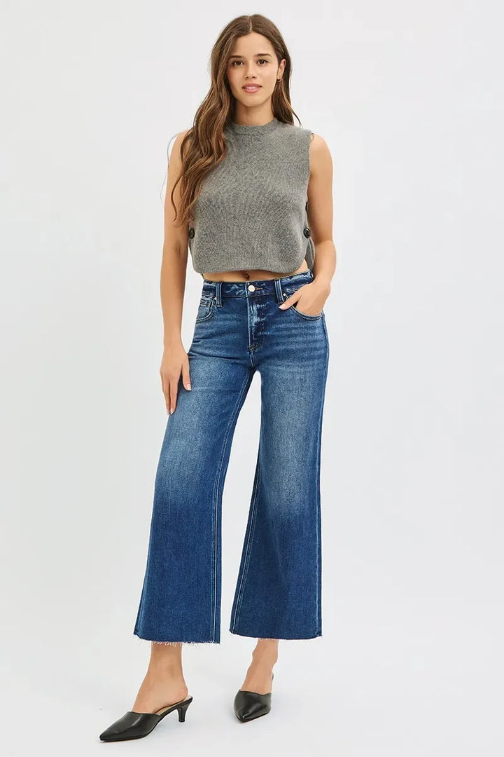 Denim - RISEN Full Size Mid Rise Crop Wide Raw Cut Hem Jeans - - Cultured Cloths Apparel