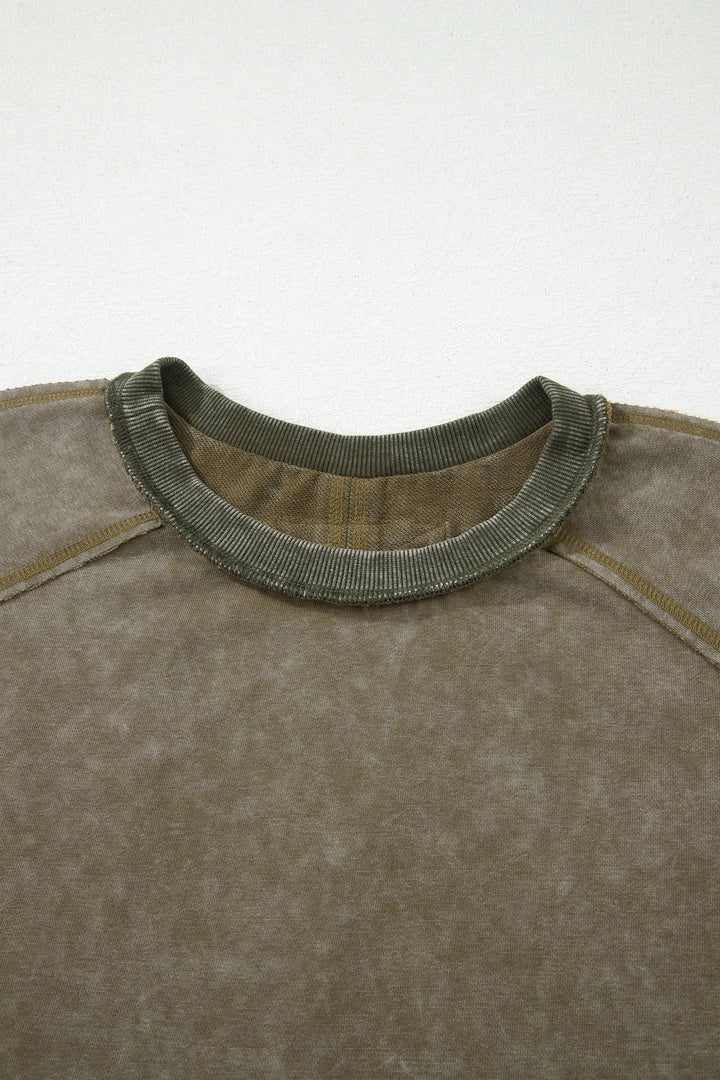 Mineral Wash Raw Seam Patchwork 3/4 Sleeve Top