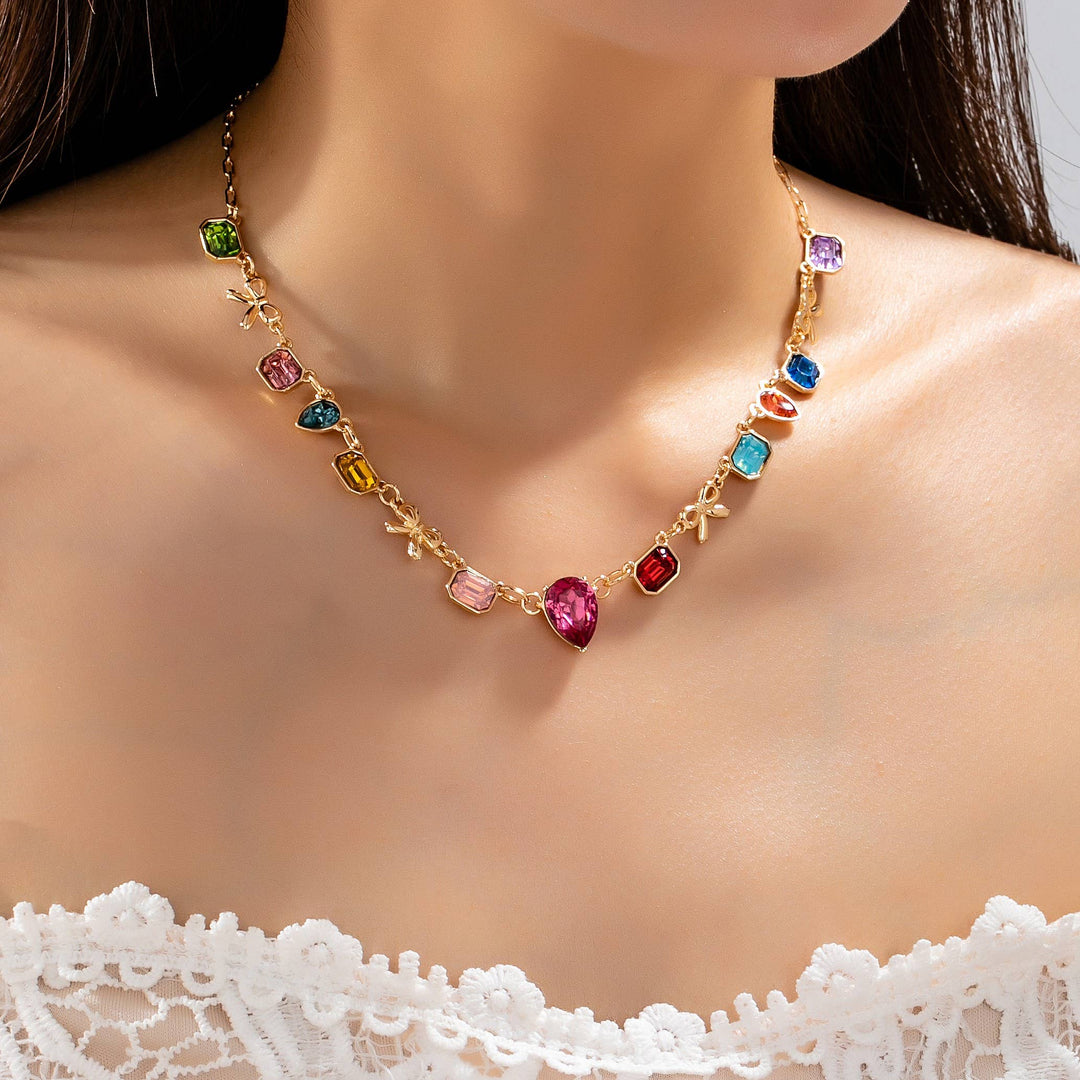 Accessories, Necklaces - Multi color Teardrop Square Crystal Bow Necklace | 80N93253 - GOLD - Cultured Cloths Apparel