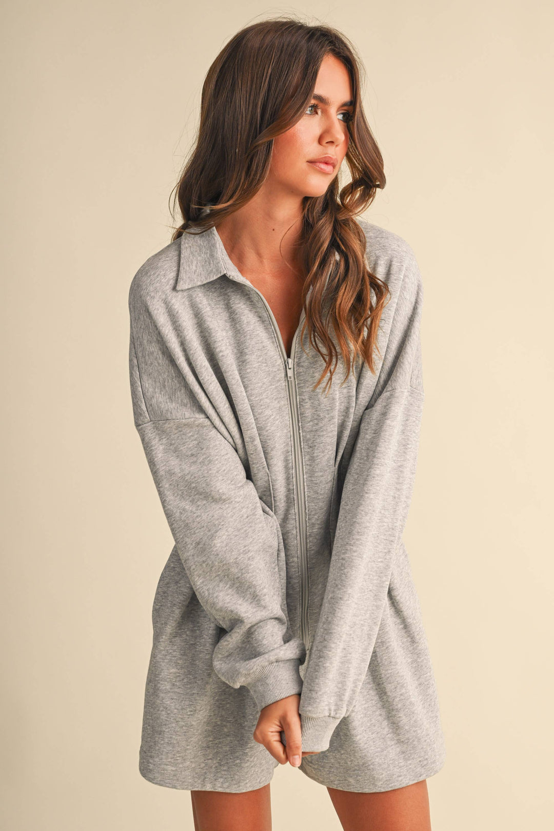 PLEATED WAIST LONG SLEEVE SHIRT COLLAR ROMPER