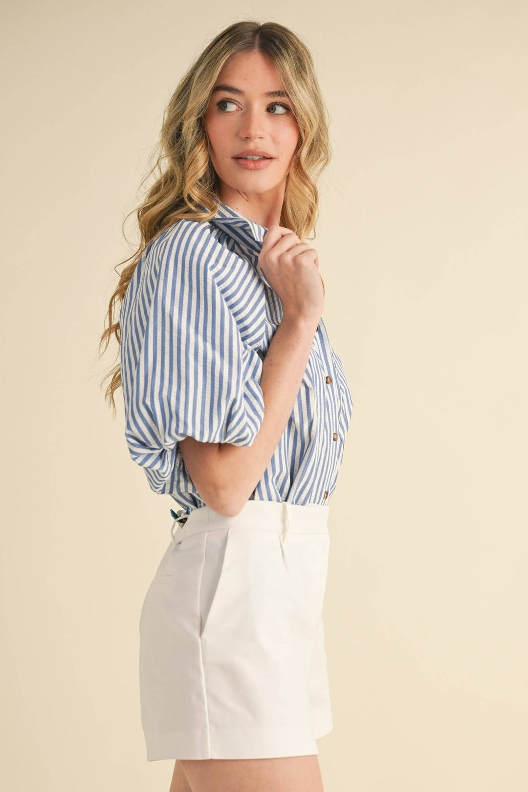 Women's Short Sleeve - STRIPED BUBBLE SLEEVE BUTTON DOWN TOP - - Cultured Cloths Apparel