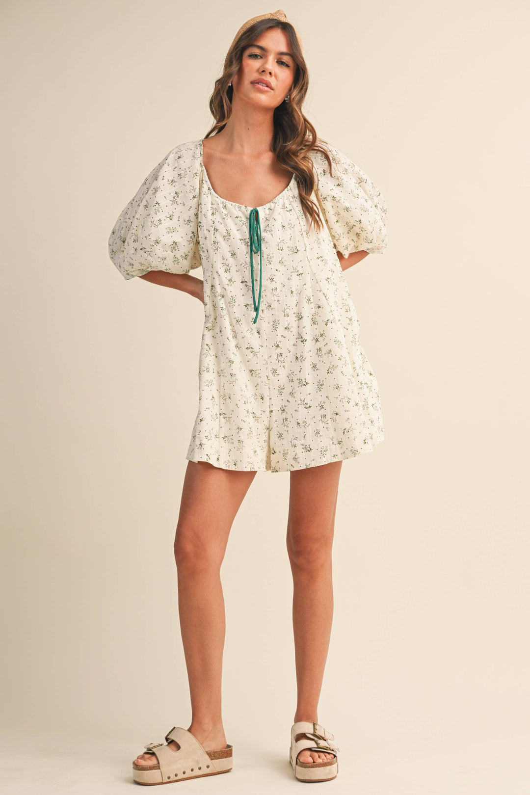 Women's Rompers - FLORAL SWISS DOT OVERSIZED PUFF SLEEVE ROMPER - - Cultured Cloths Apparel
