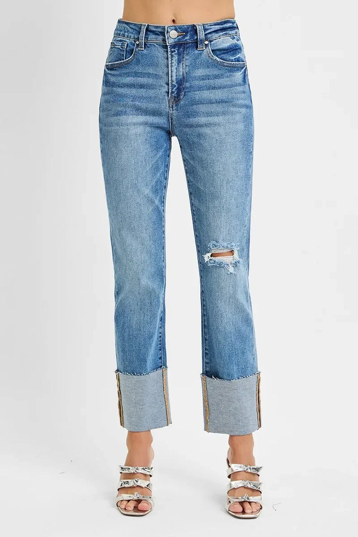 Denim - RISEN Full Size High Rise Ankle Straight Wide Cuffed Jeans Plus Size - - Cultured Cloths Apparel