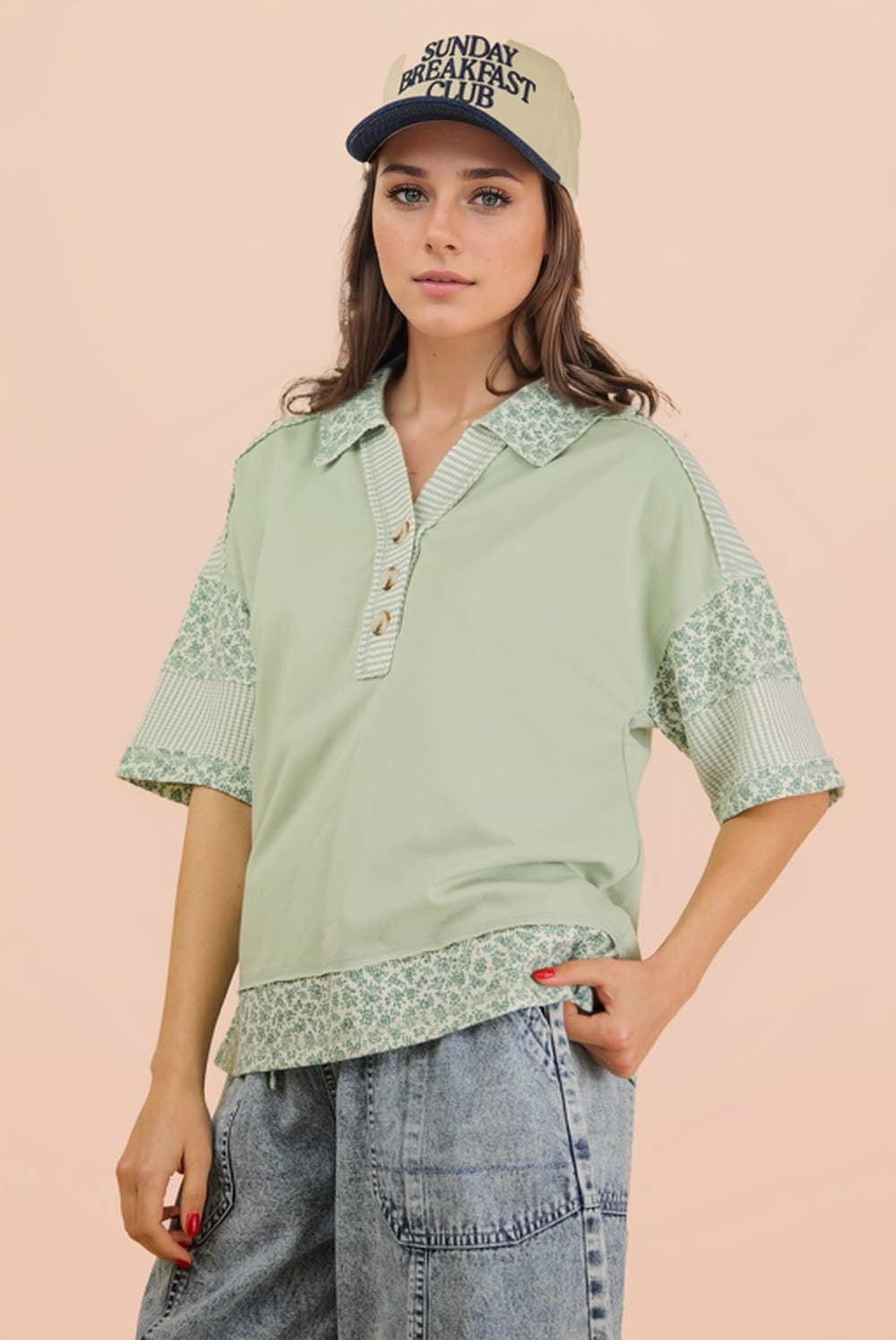 Women's Short Sleeve - Oversized Half Button Down Collared Knit Top - - Cultured Cloths Apparel