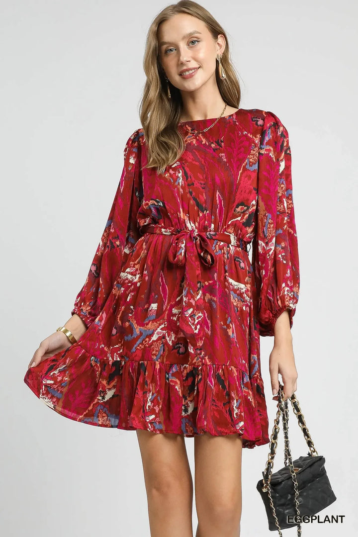 Women's Dresses - Umgee Ruffled Hem Printed Balloon Sleeve Dress - EGGPLANT - Cultured Cloths Apparel