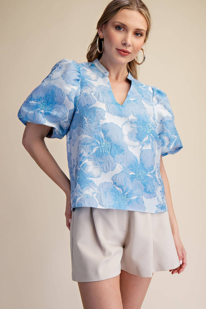 Women's Short Sleeve - V-Neck Puff Sleeve Jacquard Top - Blue - Cultured Cloths Apparel