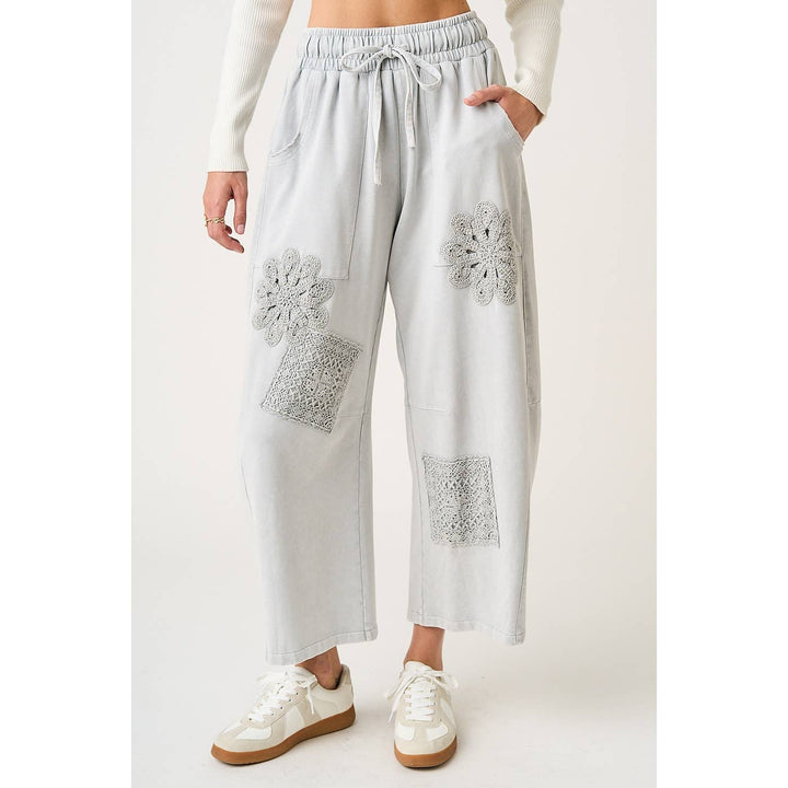 MINERAL WASH CROCHET PATCH BARREL LEG PANTS