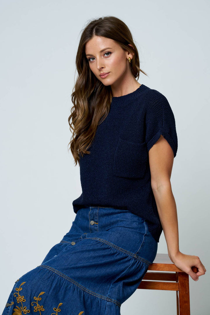 POCKET DETAIL DROP SHOULDER SHORT SLEEVE SWEATER