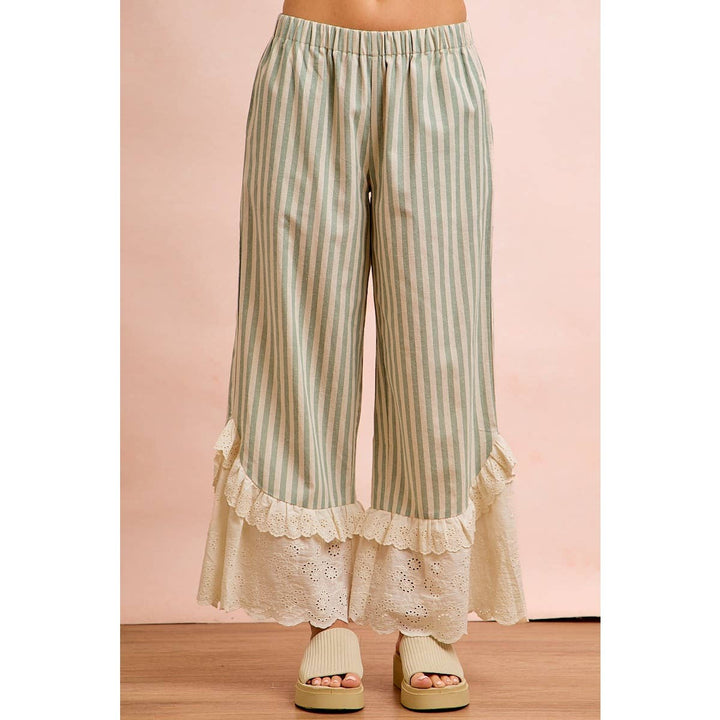 Pants - STRIPE WOVEN RUFFLED LACE HEM PANTS WITH SIDE POCKET - - Cultured Cloths Apparel