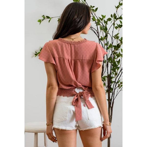 Women's Short Sleeve - Lace Trim V Neck Woven Top -  - Cultured Cloths Apparel